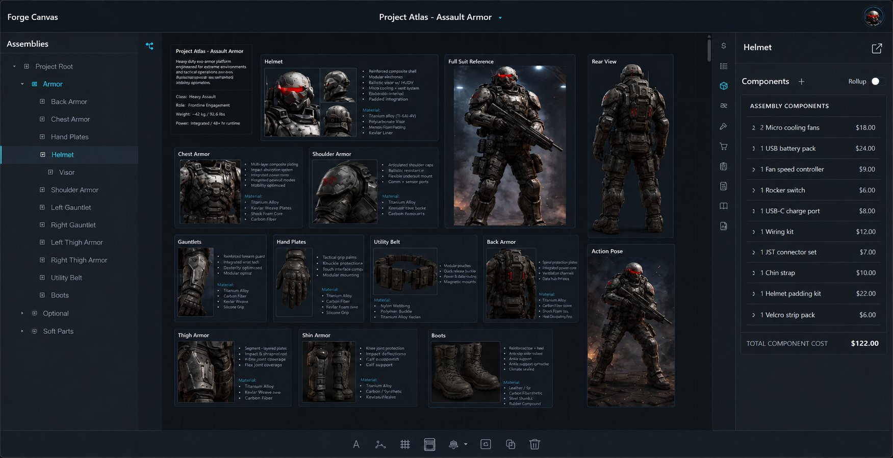 Forge Canvas workspace showing an assembly navigator, planning canvas, helmet inspector, and component tracking panel.