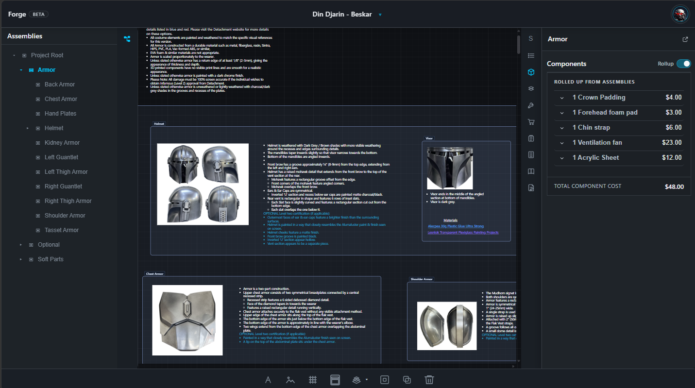 Forge Canvas workspace showing assemblies, canvas planning, and inspector rollups